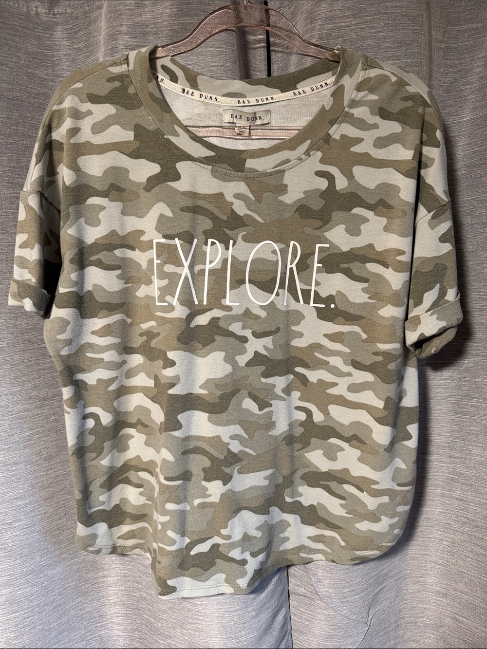 Rae Dunn Camouflage "EXPLORE." Graphic Tee - Olive & Cream
